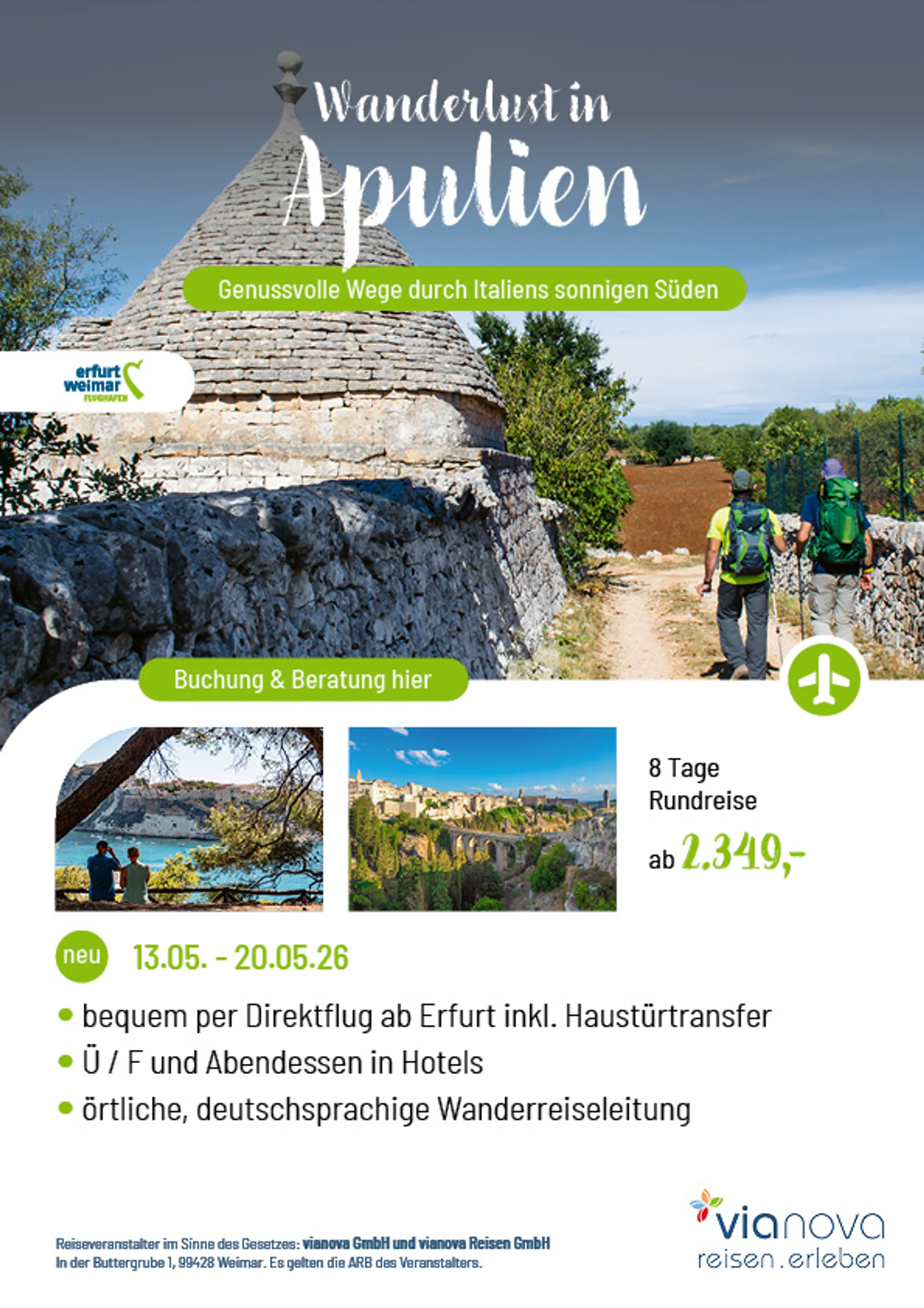 Wandern Apulien direkt ab Erfurt Trulli Meer Sonne