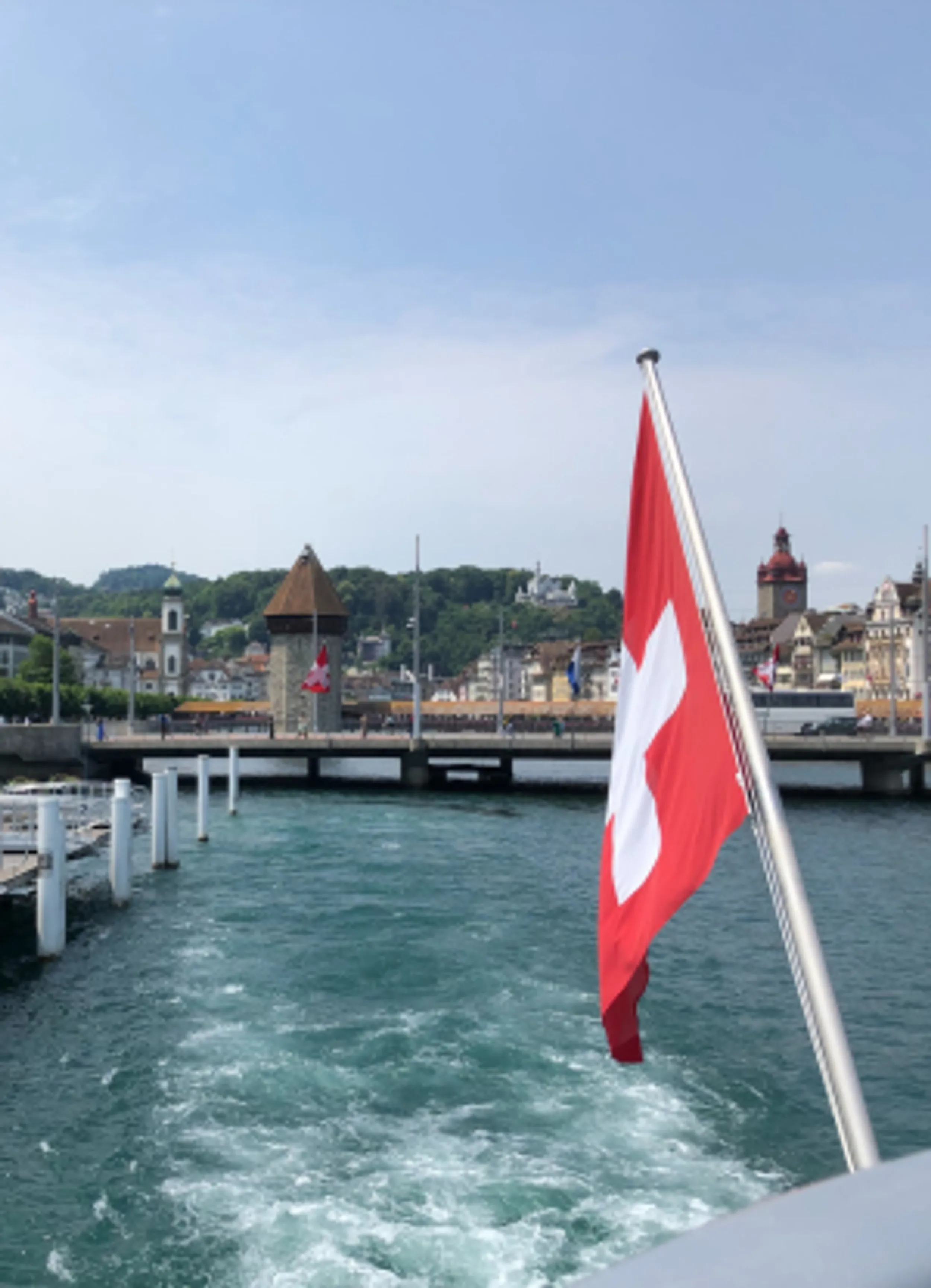 Blick auf See und Luzern mit Schweizer Flagge