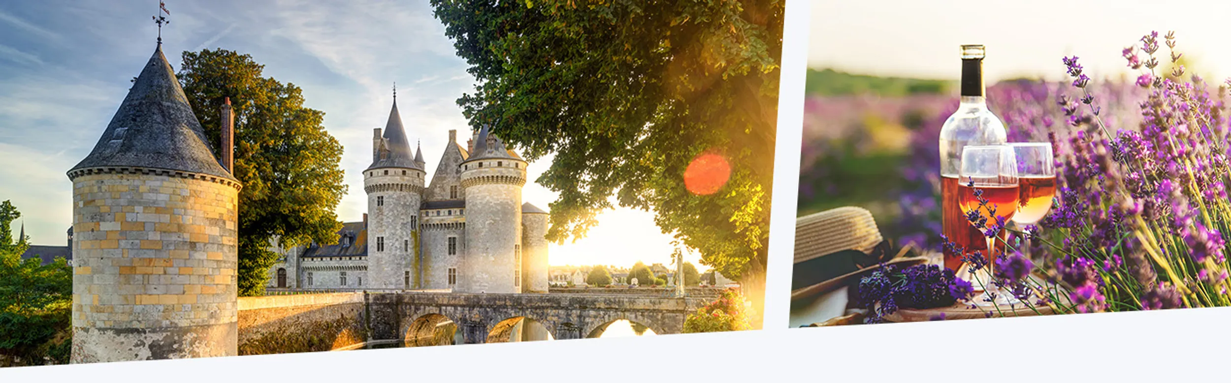 Eine Burganlage und ein Sonnenaufgang über Lavendelfeldern in der französischen Provence