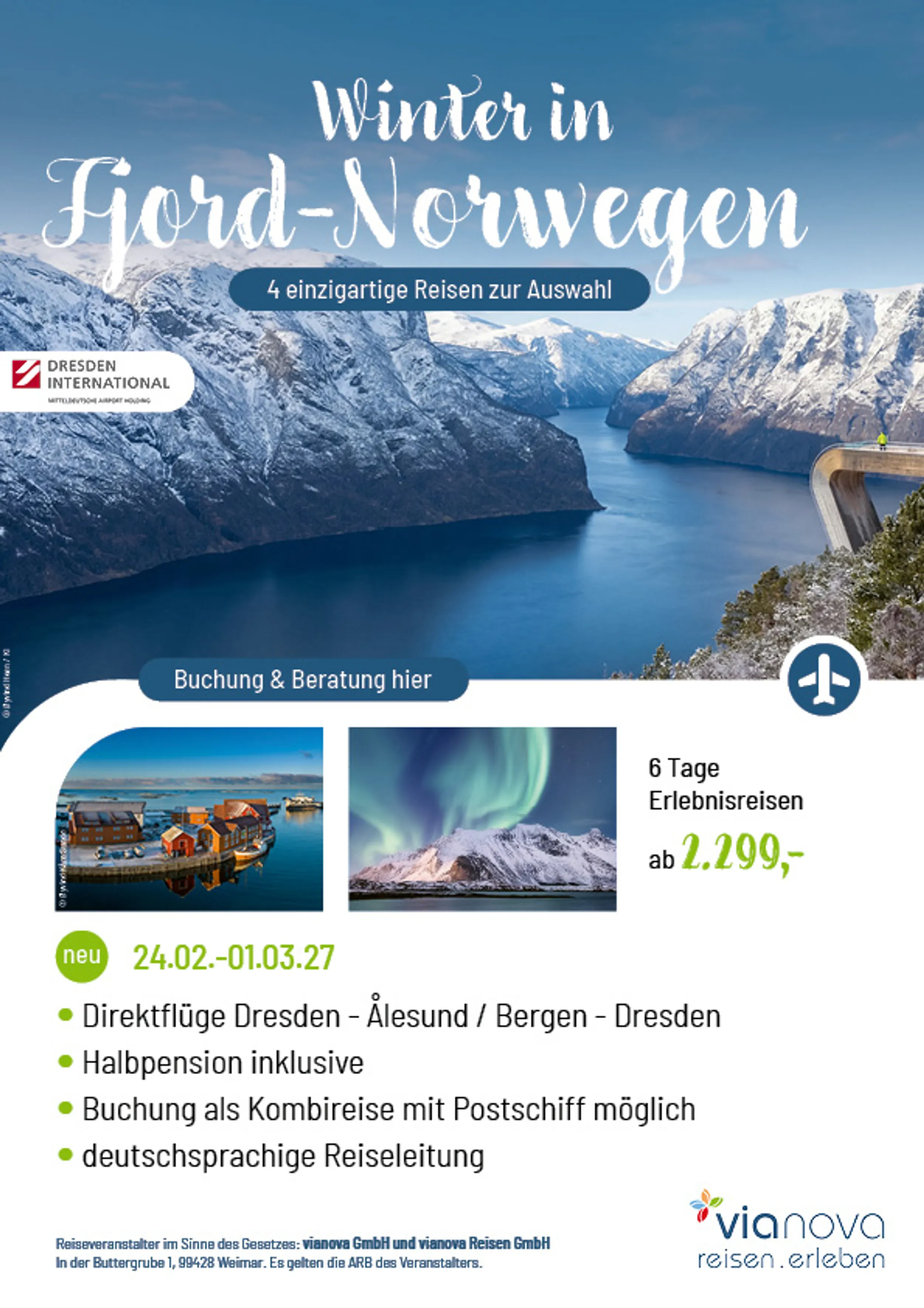 Aurlandsfjord, Häuser Südnorwegen, Polarlichter Winterreise 2027 ab Dresden