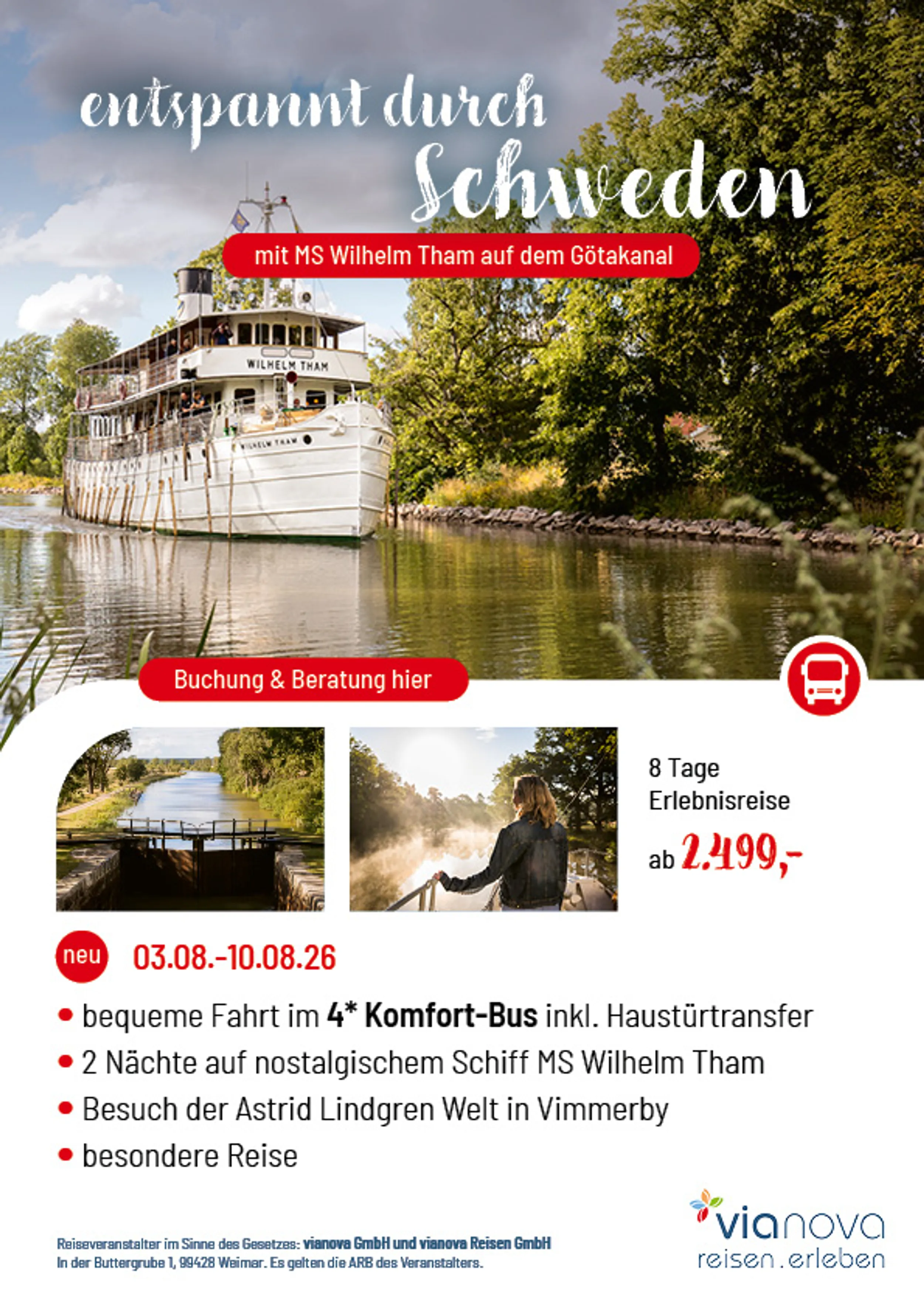 Flyer Rundreise Schweden Göta Ms Wilhelm Tham auf Götakanal Flyer Reise