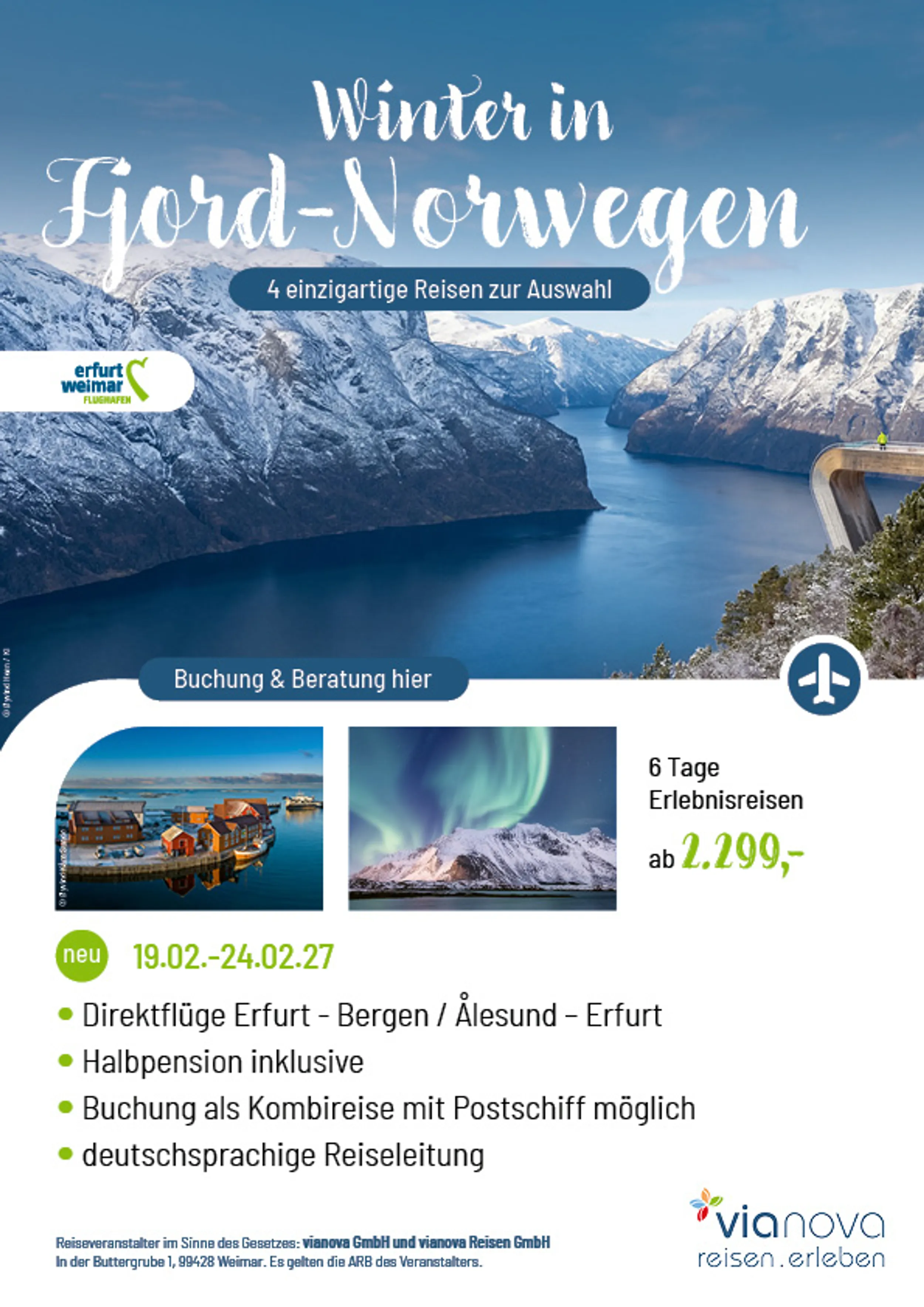 Aurlandsfjord, Häuser Südnorwegen, Polarlichter Winterreise 2027 ab Erfurt