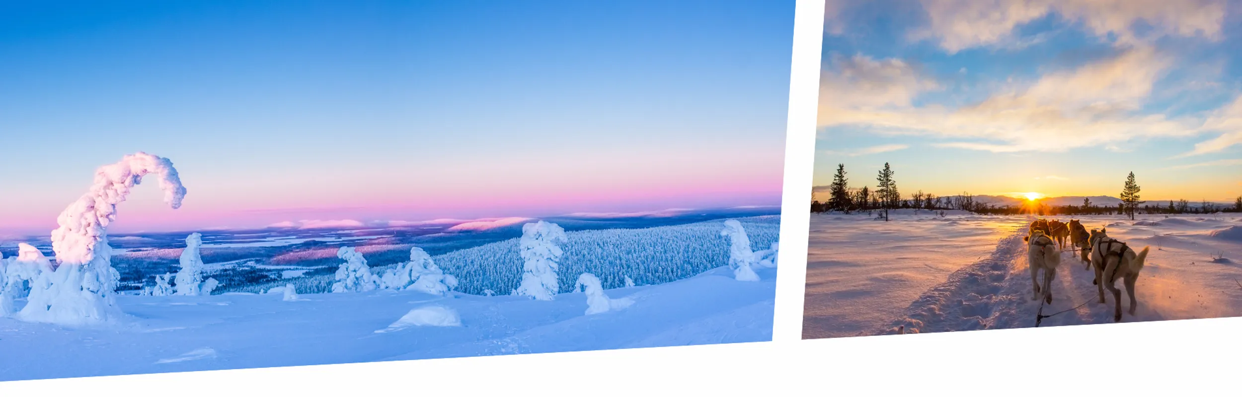 Winterlandschaft Finnland mit Schnee im Sonnenuntergang, Husyks vor Schlitten