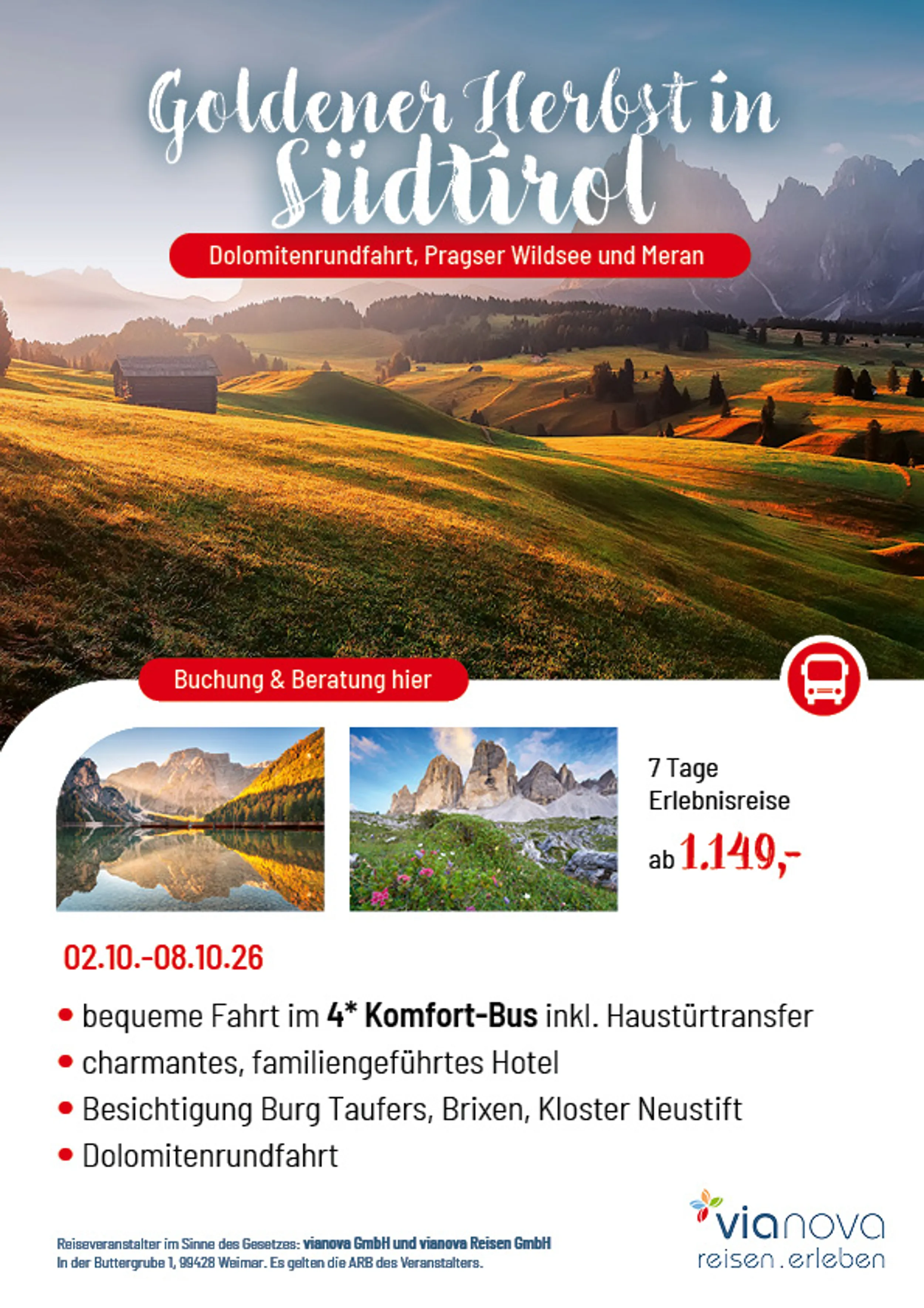 Flyer Südtirol Herbst Dolomiten, Pragser Wildsee, Seiser Alm, Herbst Flyer Reise