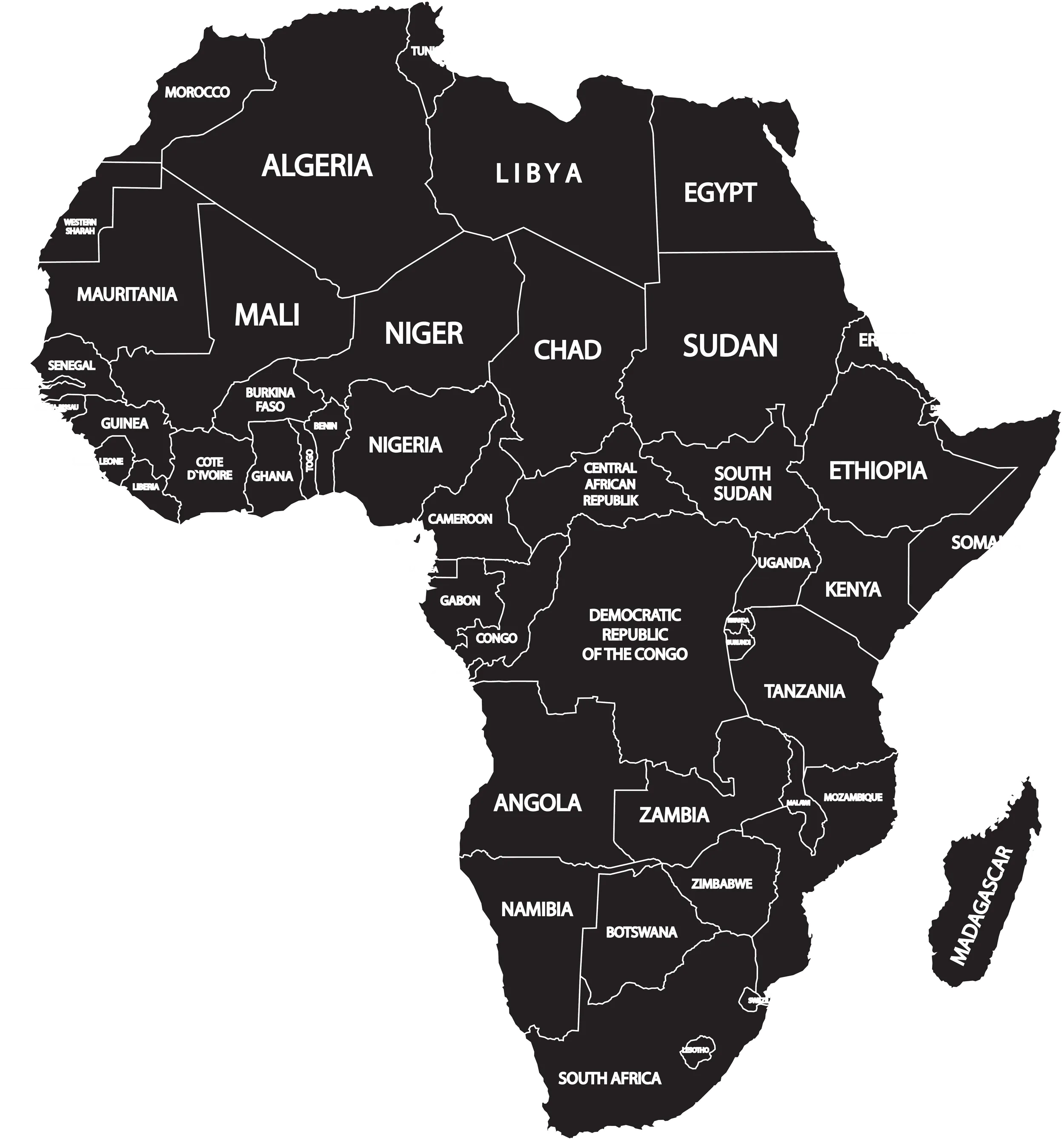 Länderkarte von Afrika mit Einzeichnung der Ländernamen und Grenzen