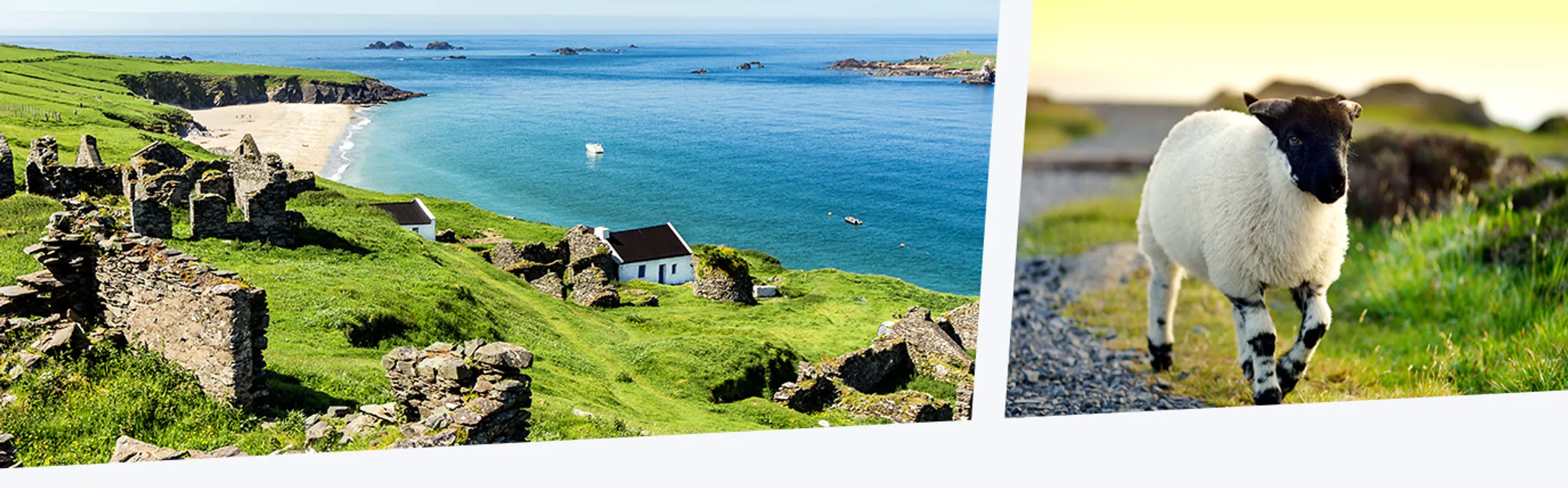 Irische Küstenlinie mit grünem Gras und blauem Meer