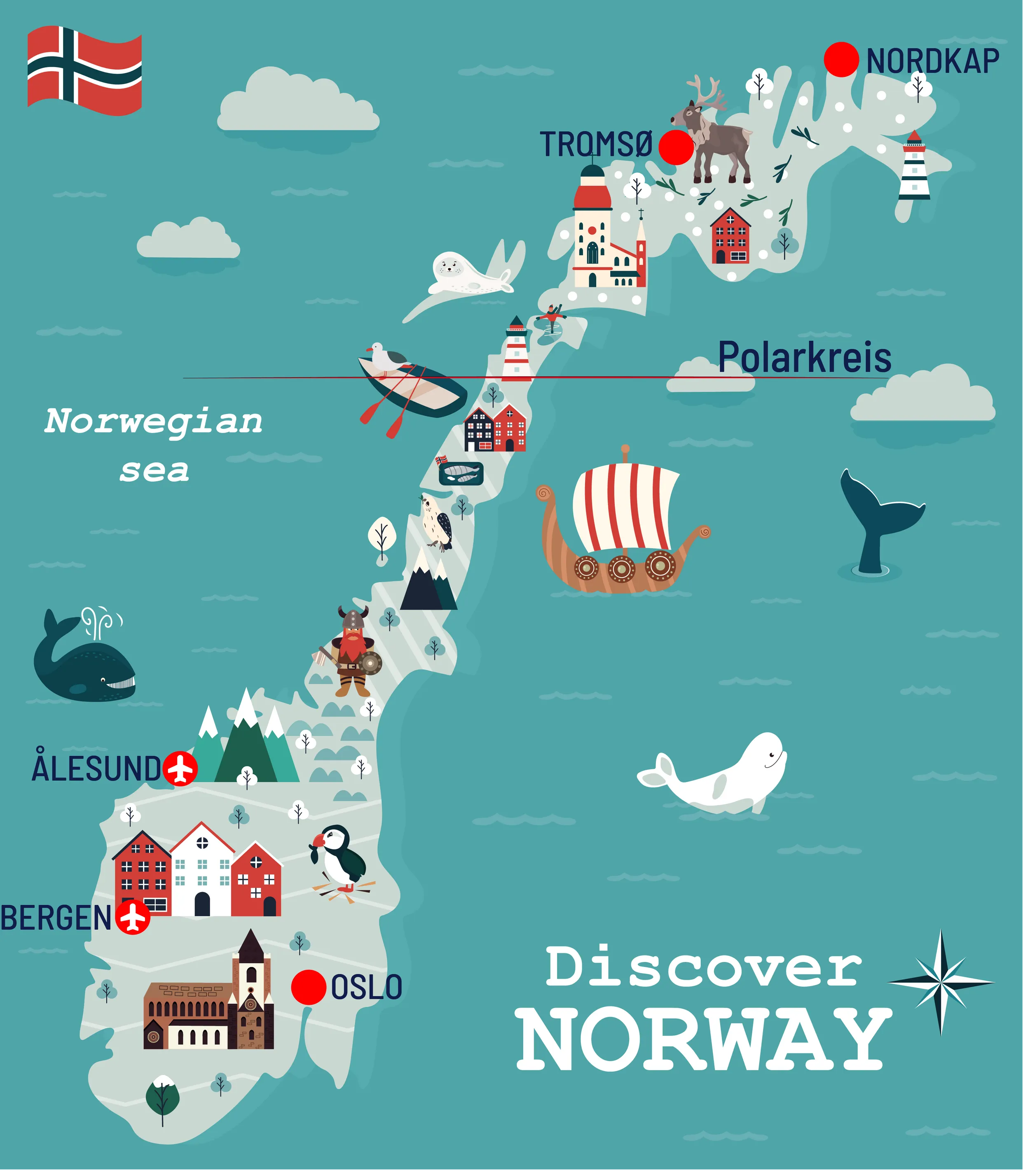 illustrierte Karte von Norwegen mit Destinationen