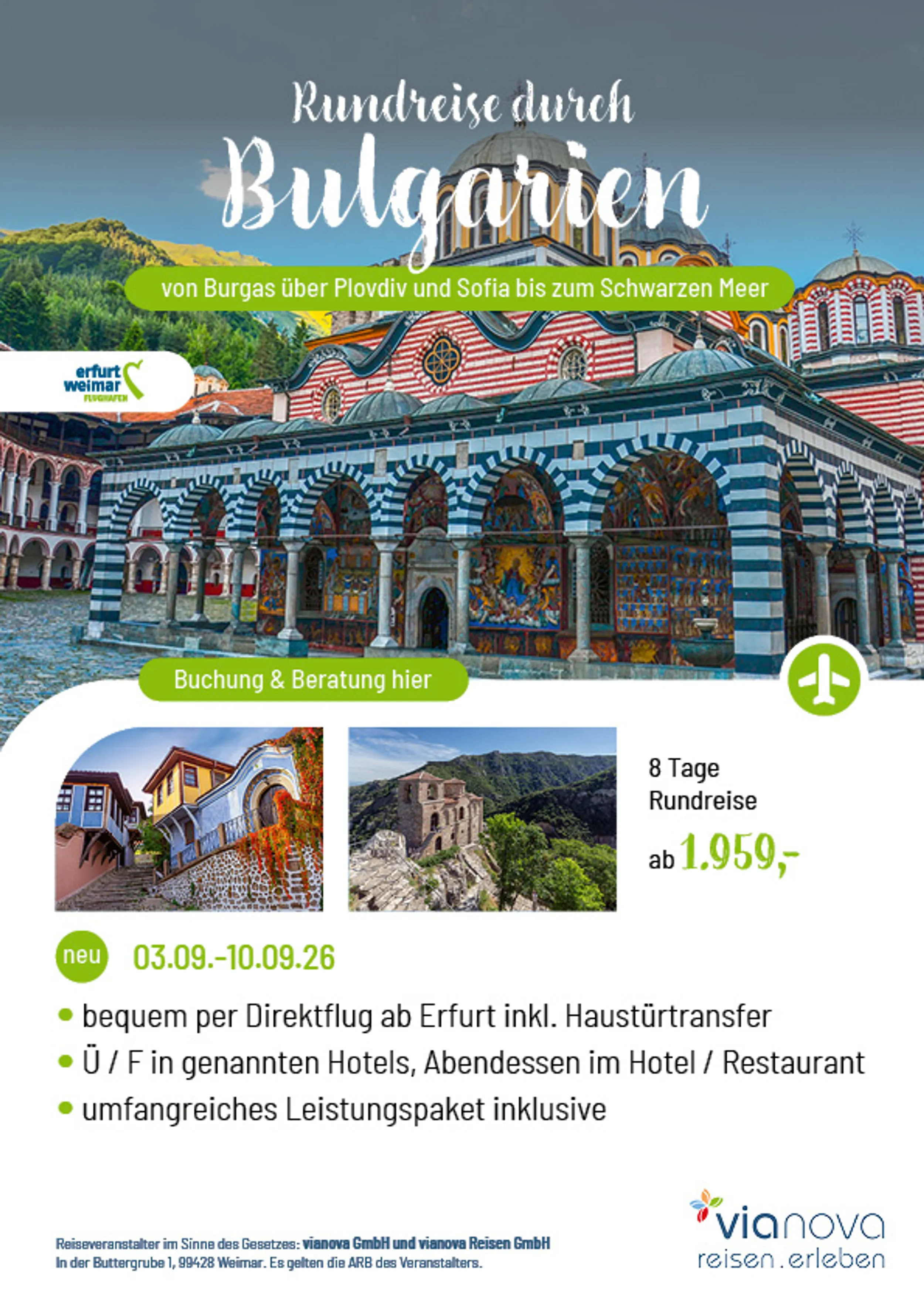 Bulgarien Rundreise Sofia Klöster direkt ab Erfurt Burgas Bulgarien Sommer Flyer Reise