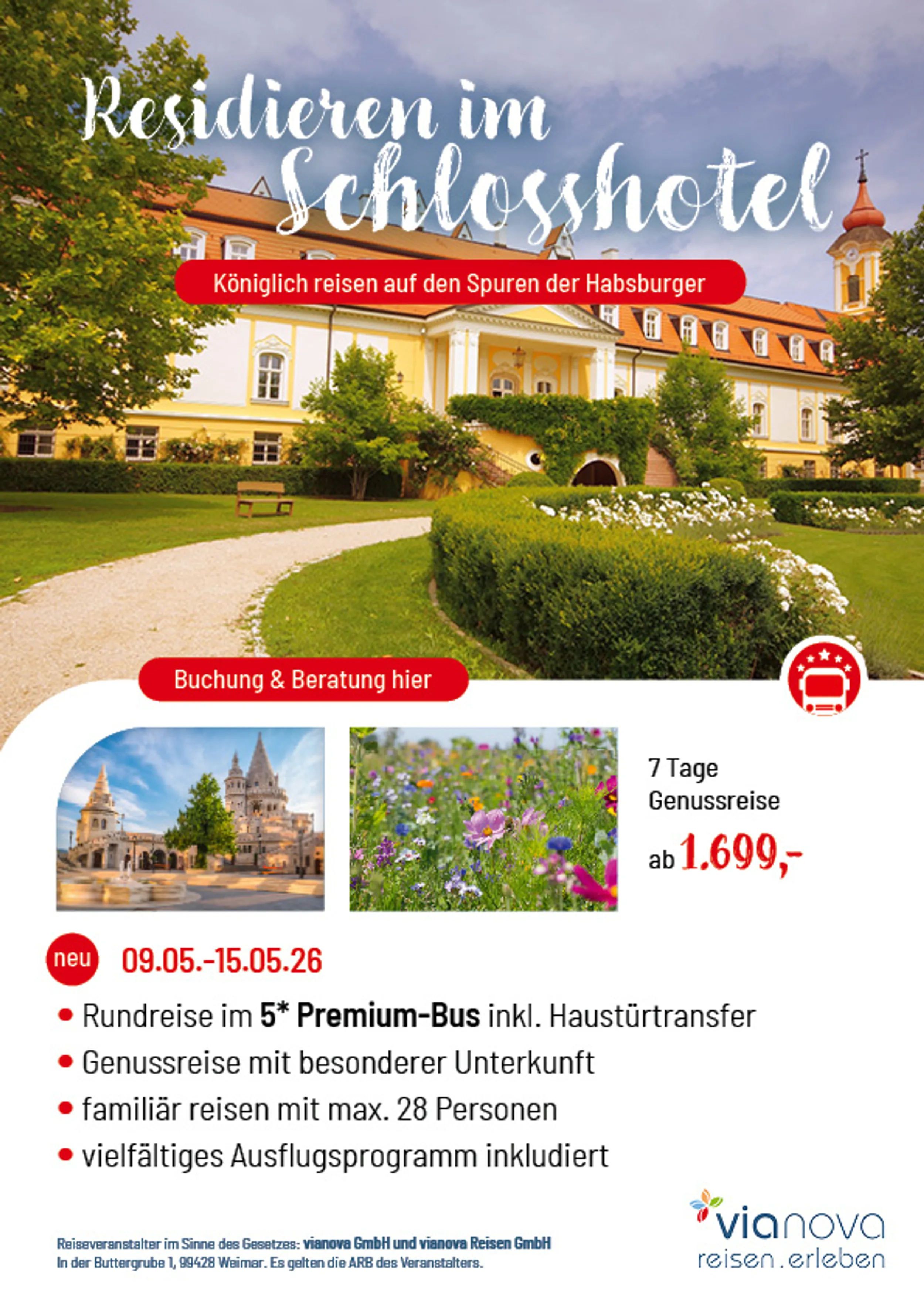 Flyer Schlosshotel Bela Schlosshotel Bela, Fischerbastei Budapest, Blumen Flyer Reise