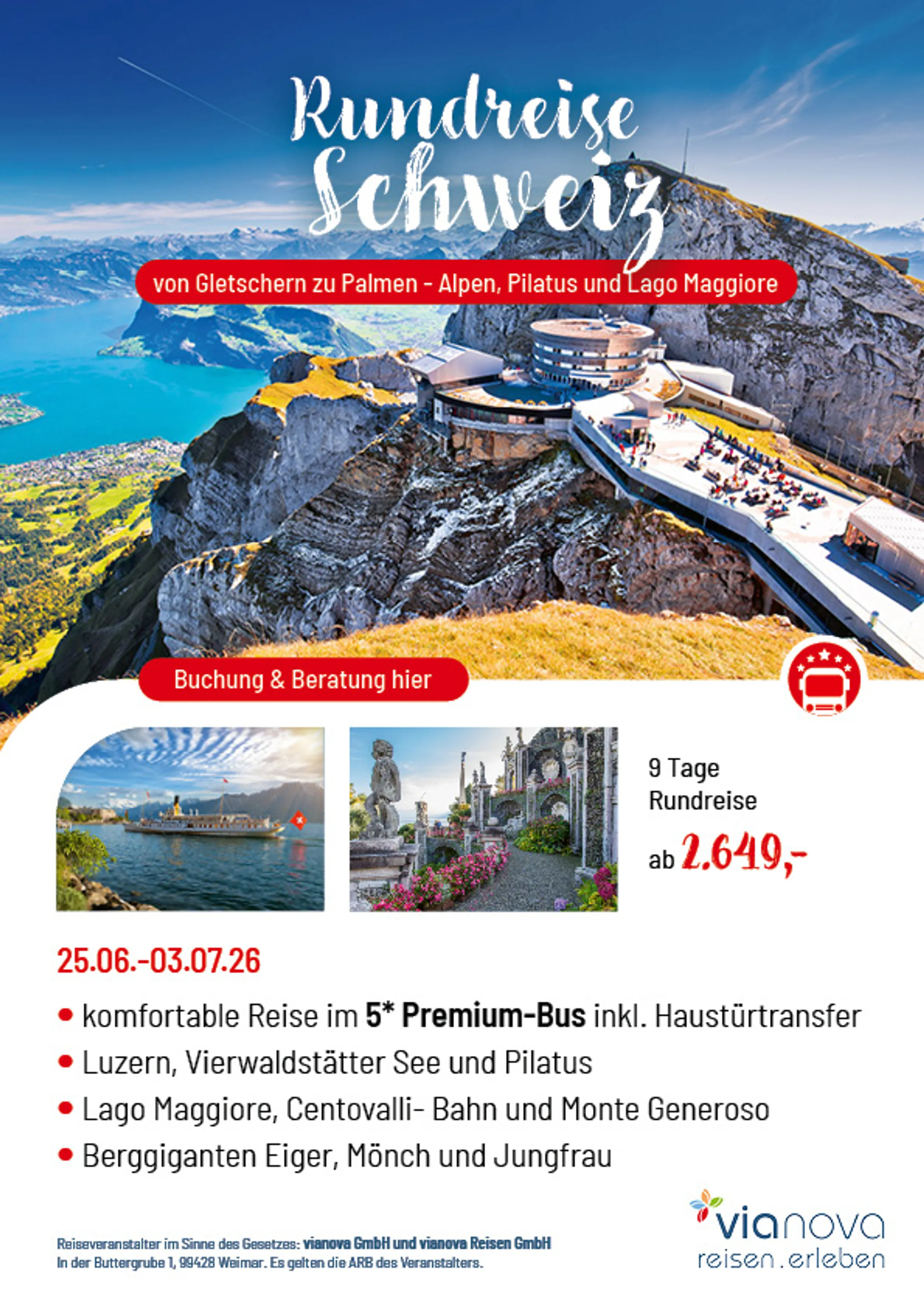 Pilatus Rundreise Schweiz Flyer Jungfrau, Rothornban, Schweiz Flyer Reise